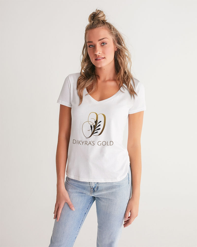 white/Gold Women's All-Over Print V-Neck Tee